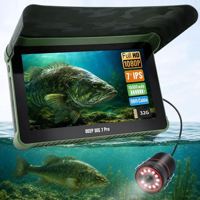 Main image of Underwater Fishing Camera, 98FT Longer Cable, 1080P HD 7'' IPS Monitor Fish Finder, 10000mAh Large Battery, Ice Fishing Camera with Deep Reach & Clear View for Lake Boat Ice Fishing,with/No SD Card