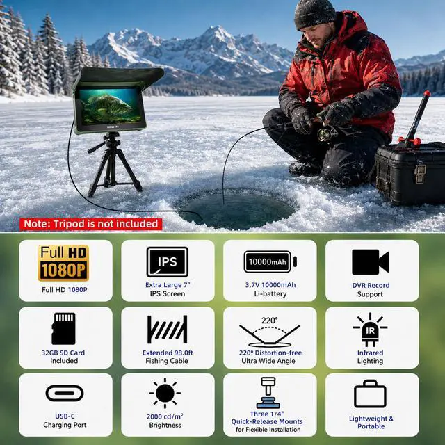 Alt view image 2 of 7 - Underwater Fishing Camera, 98FT Longer Cable, 1080P HD 7'' IPS Monitor Fish Finder, 10000mAh Large Battery, Ice Fishing Camera with Deep Reach & Clear View for Lake Boat Ice Fishing,with/No SD Card