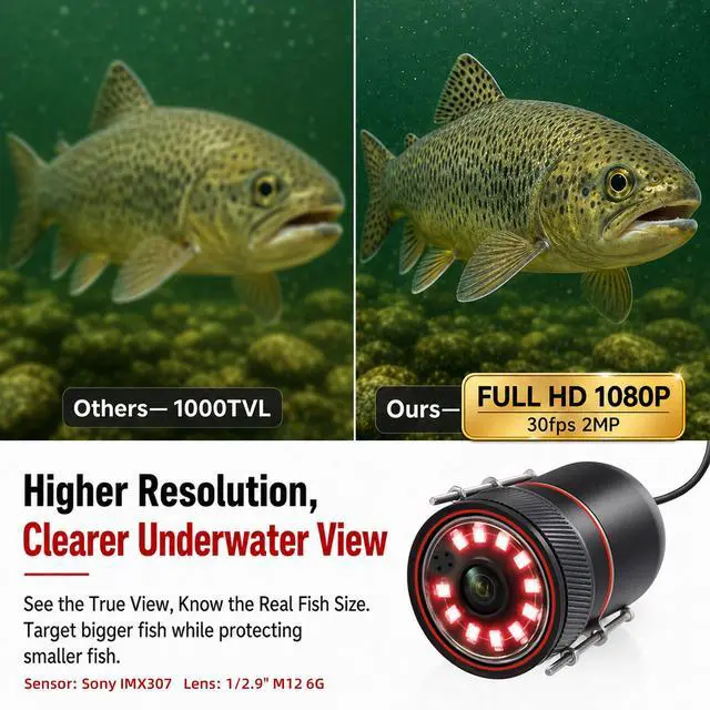 Alt view image 4 of 7 - Underwater Fishing Camera, 98FT Longer Cable, 1080P HD 7'' IPS Monitor Fish Finder, 10000mAh Large Battery, Ice Fishing Camera with Deep Reach & Clear View for Lake Boat Ice Fishing,with/No SD Card