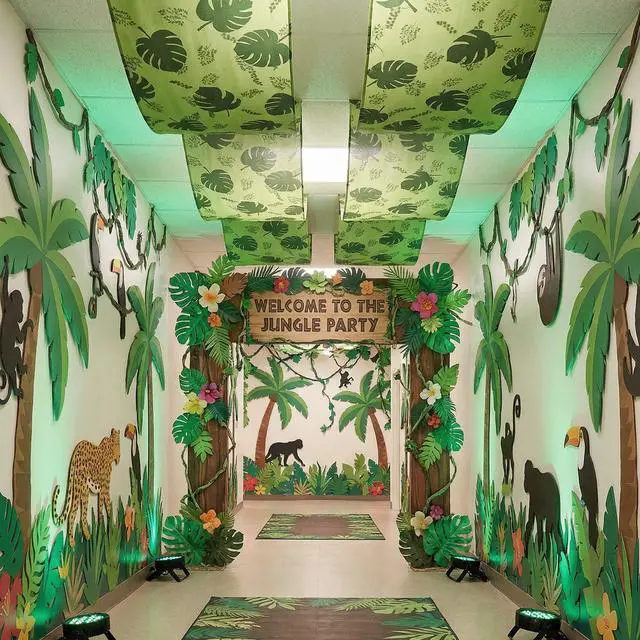 Alt view image 3 of 7 - 3 Pcs 36 ft Rainforest Palm Leaves Decorations for Vbs Jungle Tropical Safari Ceiling Hanging Decor with Ropes Hawaiian Luau Rainforest Jungle Party Banner for Summer Sunday School Classroom