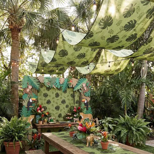 Alt view image 6 of 7 - 3 Pcs 36 ft Rainforest Palm Leaves Decorations for Vbs Jungle Tropical Safari Ceiling Hanging Decor with Ropes Hawaiian Luau Rainforest Jungle Party Banner for Summer Sunday School Classroom