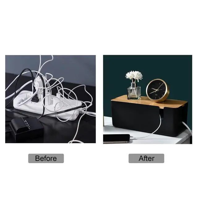 Alt view image 2 of 7 - Cable Management Box with Bamboo Lid Small Cable Organizer Box for Extension Cord Power Stripe Surge Protector Wire Management Concealer Organizer Cover Hider (Black)