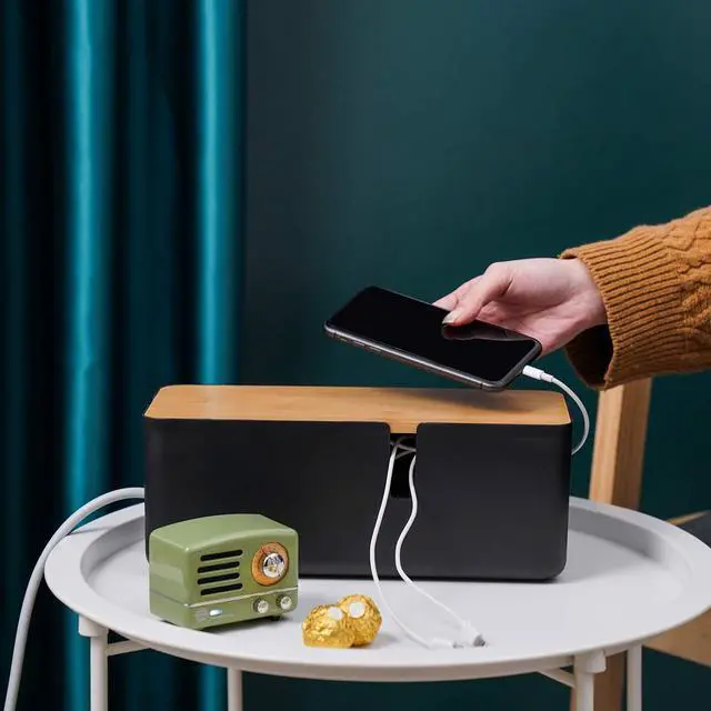 Alt view image 5 of 7 - Cable Management Box with Bamboo Lid Small Cable Organizer Box for Extension Cord Power Stripe Surge Protector Wire Management Concealer Organizer Cover Hider (Black)