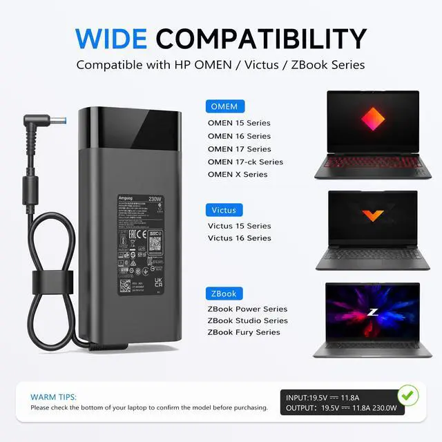 Alt view image 3 of 7 - 230W 19.5V 11.8A Charger Compatible with HP Omen 16 (4.5x3.0mm) | Fits 15 17, Victus, ZBook Fury G7 G8 G9 G10, Power Studio, Pavilion Gaming Laptop AC Supply Cord Grey Tip