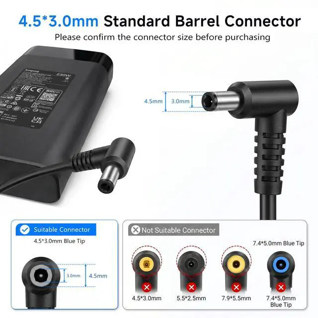 Alt view image 4 of 7 - 230W 19.5V 11.8A Charger Compatible with HP Omen 16 (4.5x3.0mm) | Fits 15 17, Victus, ZBook Fury G7 G8 G9 G10, Power Studio, Pavilion Gaming Laptop AC Supply Cord Grey Tip