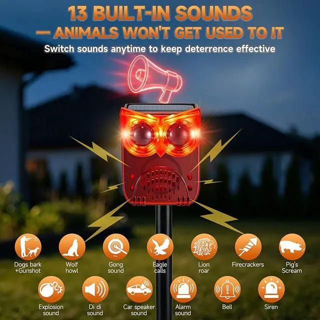 Alt view image 5 of 7 - Solar Outdoor Motion Sensor Alarm, 130dB Dog Barking & Gunshot Sound | 13 Looping Sounds to Prevent Habituation, 4 Work Modes, IP55 Weatherproof Alarm for Home, Villa, Yard, Chicken Coop