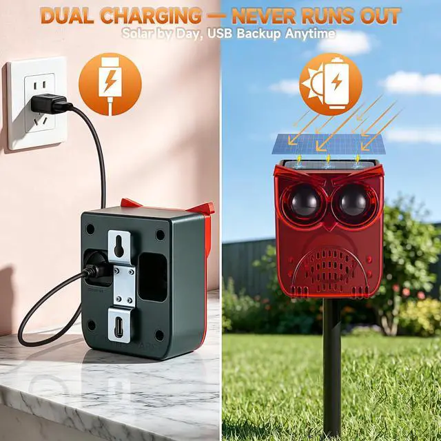 Alt view image 7 of 7 - Solar Outdoor Motion Sensor Alarm, 130dB Dog Barking & Gunshot Sound | 13 Looping Sounds to Prevent Habituation, 4 Work Modes, IP55 Weatherproof Alarm for Home, Villa, Yard, Chicken Coop