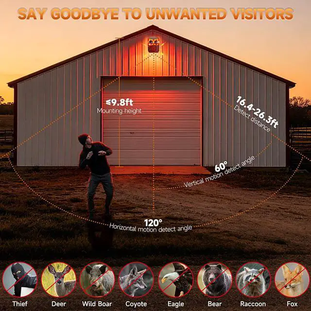 Alt view image 3 of 7 - Solar Outdoor Motion Sensor Alarm, 130dB Dog Barking & Gunshot Sound | 13 Looping Sounds to Prevent Habituation, 4 Work Modes, IP55 Weatherproof Alarm for Home, Villa, Yard, Chicken Coop
