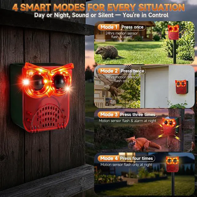 Alt view image 4 of 7 - Solar Outdoor Motion Sensor Alarm, 130dB Dog Barking & Gunshot Sound | 13 Looping Sounds to Prevent Habituation, 4 Work Modes, IP55 Weatherproof Alarm for Home, Villa, Yard, Chicken Coop