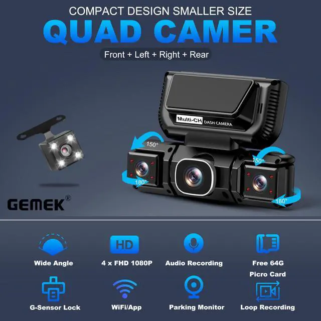 Alt view image 2 of 7 - 360 Degree View 4 Channel Dash Cam 5G WiFi & APP Control, 2K Front and Rear Inside, Left Right Dash Camera for Cars Free 64GB TF Card, G-Sensor, Night Vision, 24H Parking Mode