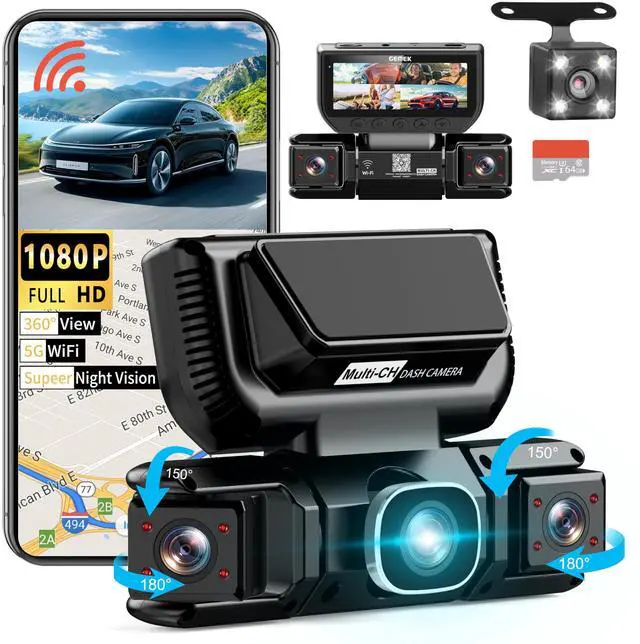 Main image of 360 Degree View 4 Channel Dash Cam 5G WiFi & APP Control, 2K Front and Rear Inside, Left Right Dash Camera for Cars Free 64GB TF Card, G-Sensor, Night Vision, 24H Parking Mode