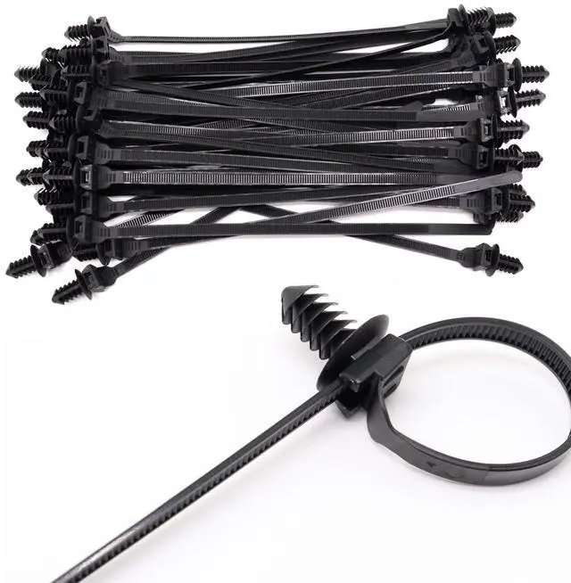 Main image of Push Mount Zip Ties, 8 inch Cable Zip Tie Black Wire Tie with Push Pin Fir Tree Zip for Indoor and Outdoor (100 Pack)