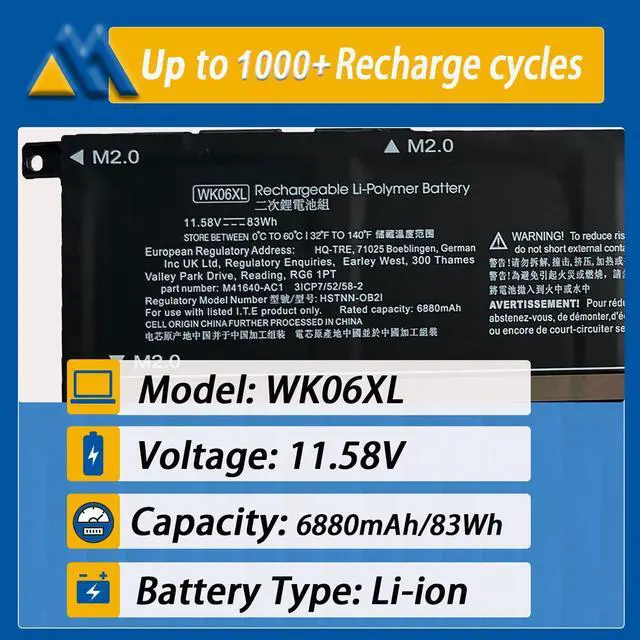 Alt view image 2 of 7 - 83Wh WK06XL M41711-005 Laptop Battery Replacement for HP Omen 16-b0xxx 16-b0000TX 16-B0047TX 16-C0xxx 16-C0167AX 16-b1001TX 16-n0023dx Omen 7 Plus 17-ck0xxx 17T-CK100 M41640-AC1 11.58V 6880mAh