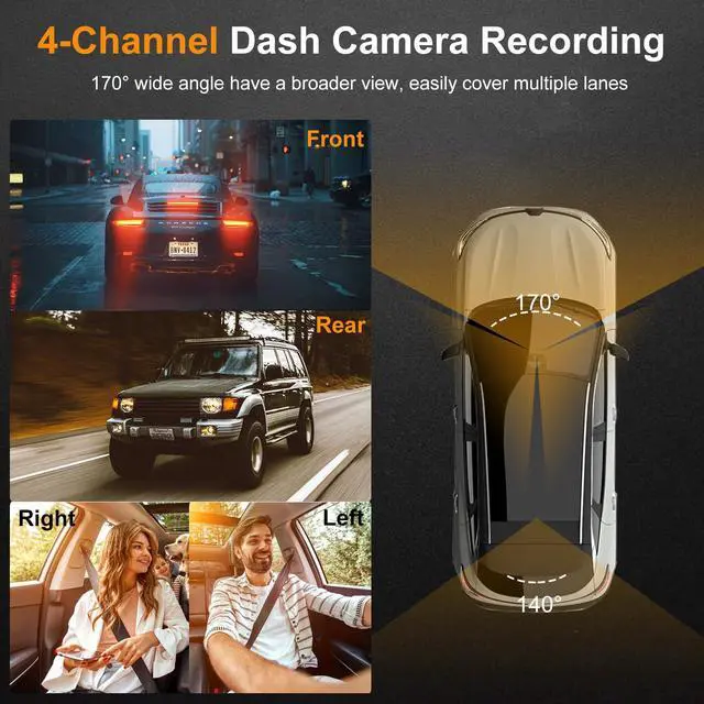 Alt view image 4 of 7 - 4 Channel 1080P Dash Cam Front Rear Left Right, 170° Wide Angle Car Camera with 5GHz WiFi App Control, Super Night Vision, 24H Parking Monitor, G-Sensor, Loop Recording, 64GB SD Card Included