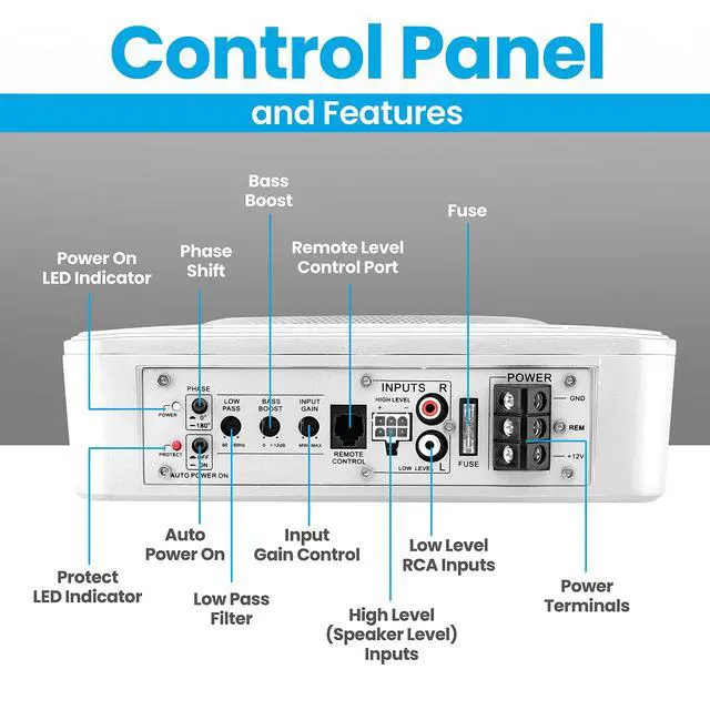 Alt view image 2 of 7 - 8-Inch Low-Profile Amplified Subwoofer System - 600 Watt Compact Enclosed Active Marine Underseat Car Subwoofer with Built in Amp, Powered Car Subwoofer w/Low & High Level Inputs PLMRSBA8,Silver