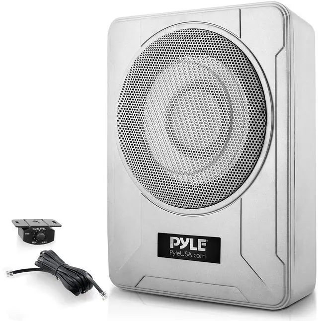 Main image of 8-Inch Low-Profile Amplified Subwoofer System - 600 Watt Compact Enclosed Active Marine Underseat Car Subwoofer with Built in Amp, Powered Car Subwoofer w/Low & High Level Inputs PLMRSBA8,Silver