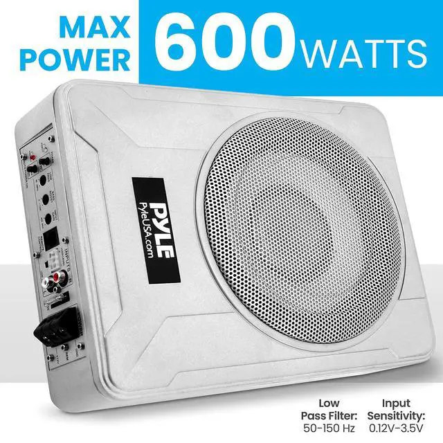 Alt view image 6 of 7 - 8-Inch Low-Profile Amplified Subwoofer System - 600 Watt Compact Enclosed Active Marine Underseat Car Subwoofer with Built in Amp, Powered Car Subwoofer w/Low & High Level Inputs PLMRSBA8,Silver