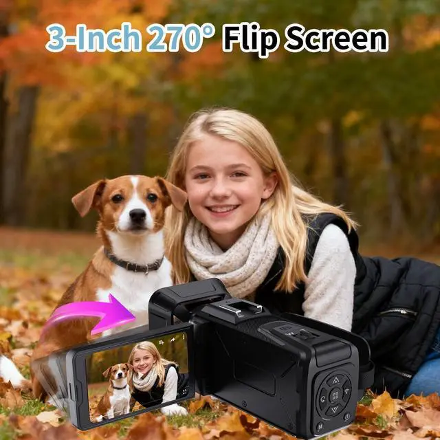 Alt view image 3 of 4 - 4K Video Camera Camcorder, 64MP Video Camera with 3 Flip Screen, 18X Zoom, WiFi, Webcam, 32GB SD Card, 2500mAh Battery (Black)