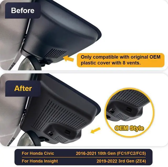 Alt view image 2 of 7 - 4K Dash Cam Suitable for Honda Civic 2016-2021 & Insight 2019-2022 (with 8 Vents, HD2-0323), OEM Factory Look, UHD 2160P Video, Built-in WiFi & APP, Loop Recording, Gravity Sensor, 64GB Card