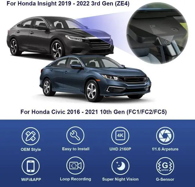 Alt view image 4 of 7 - 4K Dash Cam Suitable for Honda Civic 2016-2021 & Insight 2019-2022 (with 8 Vents, HD2-0323), OEM Factory Look, UHD 2160P Video, Built-in WiFi & APP, Loop Recording, Gravity Sensor, 64GB Card
