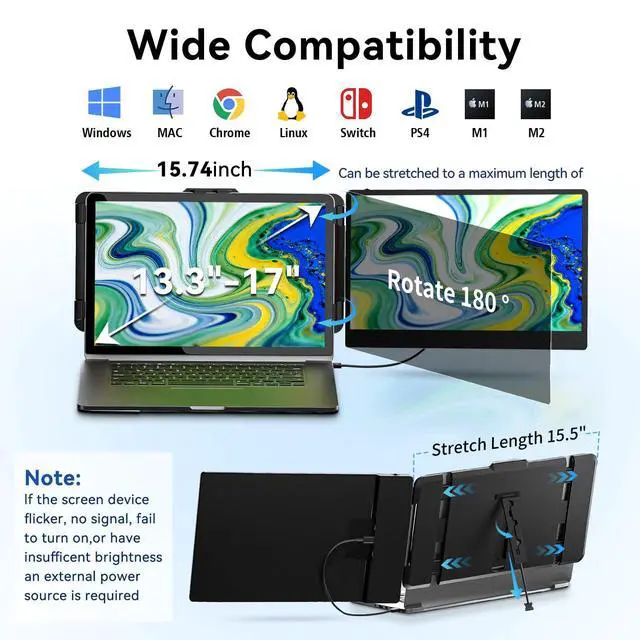Alt view image 7 of 7 - Laptop Screen Extender, 14 Portable Monitor for Laptop, 1080P FHD Dual Monitor for 13"-17" Laptops, Second Extended Computer Monitor for Travel Work, Compatible with Windows Mac Android Switch PS