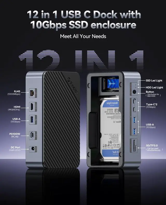 Alt view image 2 of 7 - 12-in-1 USB C Hub with M.2 + SATA 2.5/3.5 SSD/HDD Enclosure, USB C to HDMI Adapter 4K@60Hz,10Gbps USB A/USB C Data Ports, USB C Docking Station for Windows/mac OS D35M2