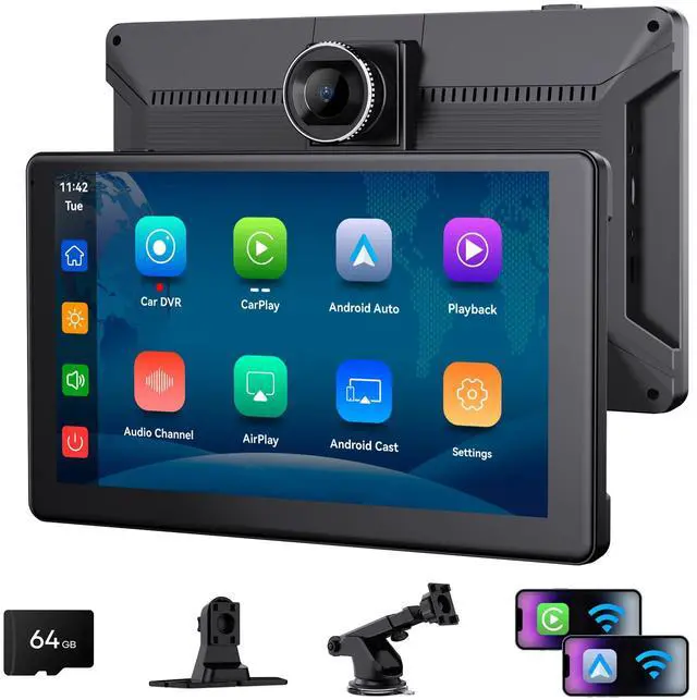 Main image of 9" Wireless Apple CarPlay & Android Auto Screen for Car, 64GB SD Card | 4K Dash Cam, 1080P Backup Camera, GPS Navigation, Mirror Link, Voice Control, Bluetooth Fits All Vehicles