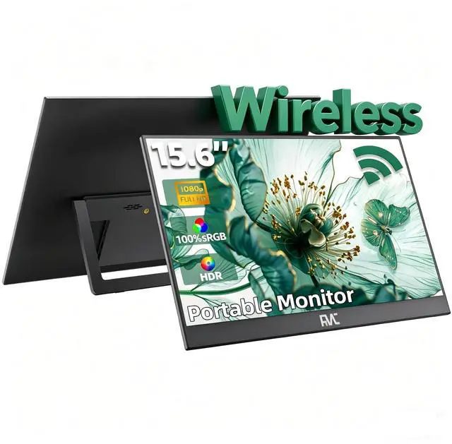 Main image of 15.6" Wireless Portable Monitor 1080P FHD IPS 100% sRGB, Built-in Kickstand Second Screen for Laptop, AirPlay & Miracast Wireless Casting, USB-C HDMI Plug and Play External Display for PC Phone