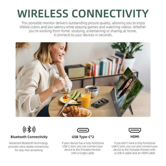 Alt view image 2 of 7 - 15.6" Wireless Portable Monitor 1080P FHD IPS 100% sRGB, Built-in Kickstand Second Screen for Laptop, AirPlay & Miracast Wireless Casting, USB-C HDMI Plug and Play External Display for PC Phone