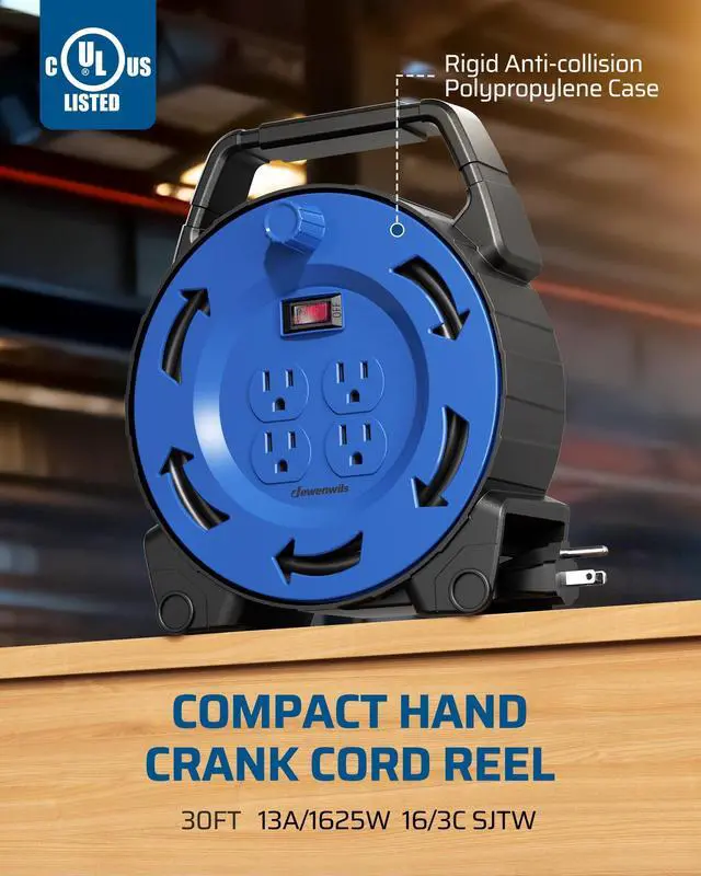 Alt view image 2 of 7 - Hand Wind Retractable Extension Cord Reel with 30FT Power Cord | 16/3 AWG SJTW, 4 Grounded Outlets, 13 Amp Circuit Breaker for Garage Shop, Workshop, Outdoor, Blue/Black, UL Listed
