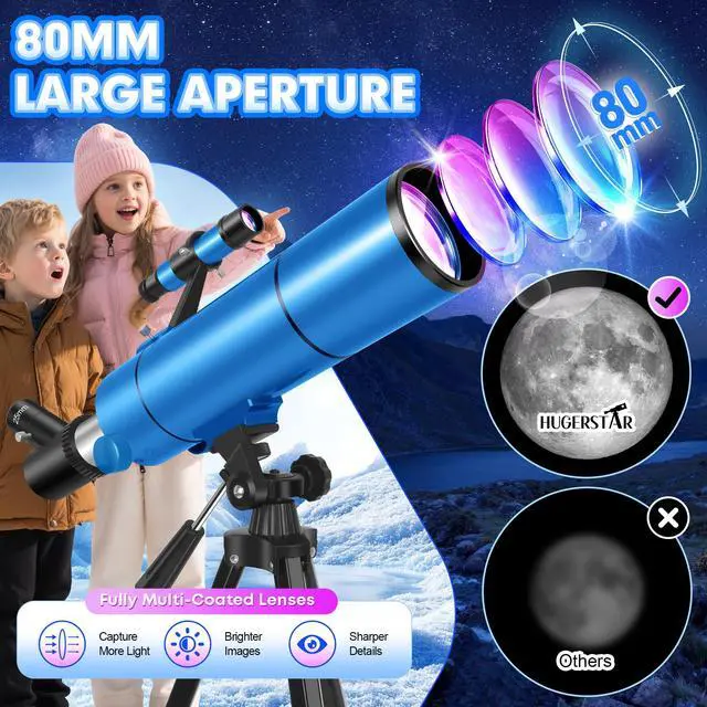 Alt view image 2 of 6 - Telescope for Adults & Kids, 80mm Aperture 500mm (20X-150X) | Portable Refractor Telescopes, for Astronomy Beginners, with Tripod Phone Adapter, Stickers, Backpack, Travel and Stargazing