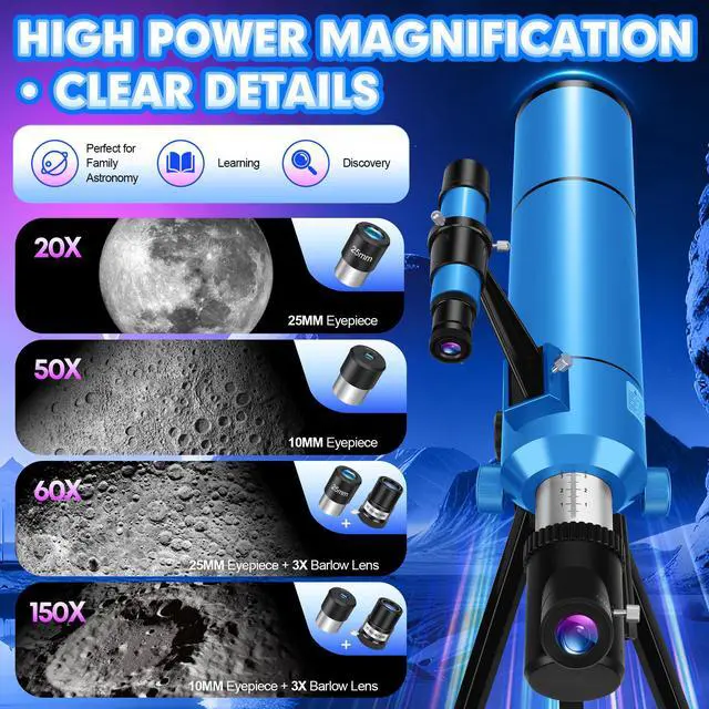 Alt view image 4 of 6 - Telescope for Adults & Kids, 80mm Aperture 500mm (20X-150X) | Portable Refractor Telescopes, for Astronomy Beginners, with Tripod Phone Adapter, Stickers, Backpack, Travel and Stargazing