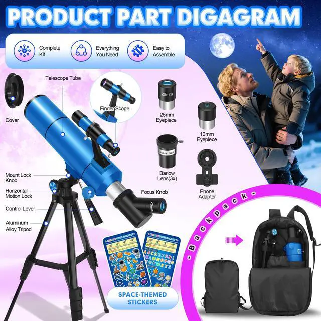 Alt view image 6 of 6 - Telescope for Adults & Kids, 80mm Aperture 500mm (20X-150X) | Portable Refractor Telescopes, for Astronomy Beginners, with Tripod Phone Adapter, Stickers, Backpack, Travel and Stargazing
