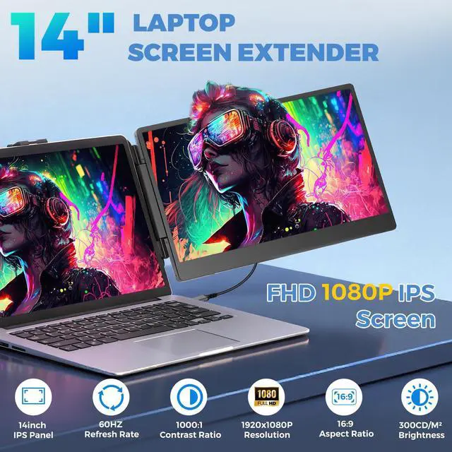 Alt view image 2 of 5 - Laptop Screen Extender, 14" FHD 1080P IPS Portable Monitor for Laptop, Triple Screen Extender Monitor USB-C/HDMI Plug-Play for Windows, Mac, Fit 13"-17.3" Laptops