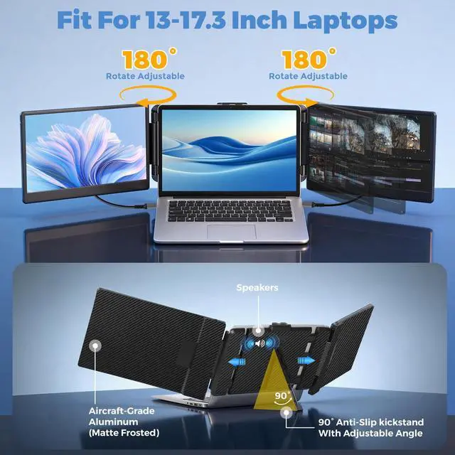Alt view image 5 of 5 - Laptop Screen Extender, 14" FHD 1080P IPS Portable Monitor for Laptop, Triple Screen Extender Monitor USB-C/HDMI Plug-Play for Windows, Mac, Fit 13"-17.3" Laptops