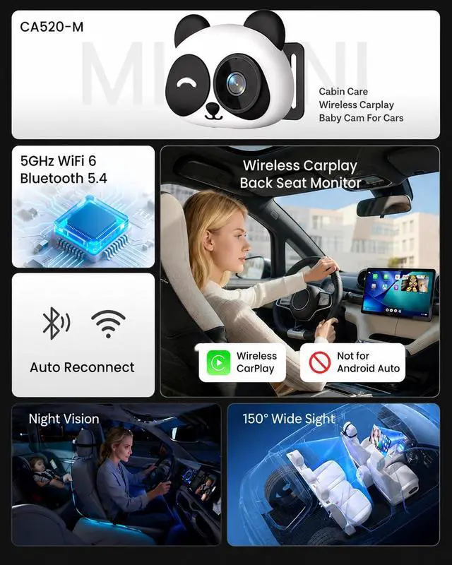 Alt view image 2 of 7 - Carplay Baby Car Camera Monitor for Wireless Backseat Babycam | Plug&Play 1080p HD Split Screen Navigation for Parents&Pet Owners Safety Infants