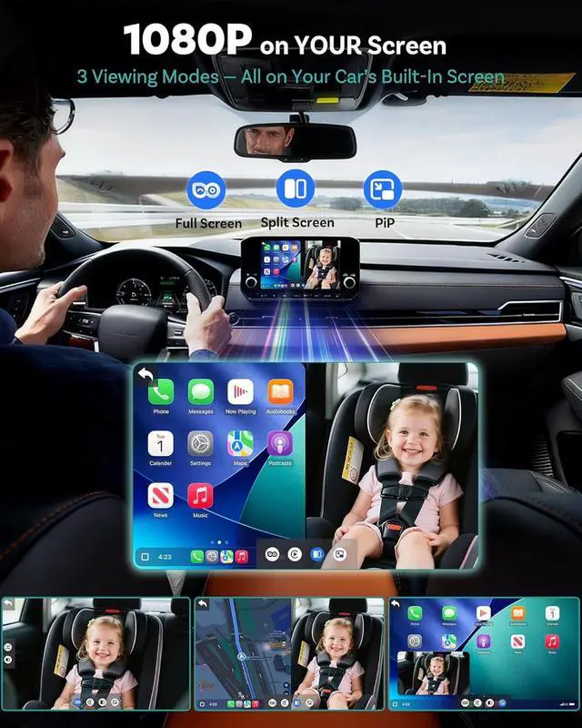 Alt view image 3 of 7 - Carplay Baby Car Camera Monitor for Wireless Backseat Babycam | Plug&Play 1080p HD Split Screen Navigation for Parents&Pet Owners Safety Infants