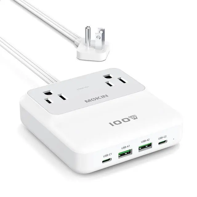 Main image of 100W Max Travel Power Strip, 5ft Extension Cord USBC Charging Station | 2 AC, 2 USB C, 2 USB A Fast Charging Desktop Charger with Multiple Outlets Flat Plug for Home & Office