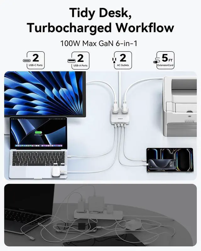 Alt view image 3 of 7 - 100W Max Travel Power Strip, 5ft Extension Cord USBC Charging Station | 2 AC, 2 USB C, 2 USB A Fast Charging Desktop Charger with Multiple Outlets Flat Plug for Home & Office