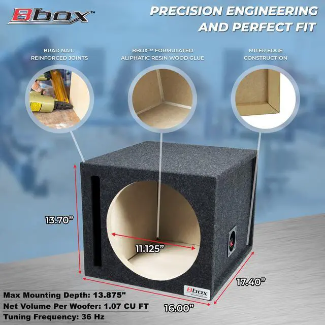Alt view image 2 of 7 - Bbox 12SVSC Single Vented 12 Inch Subwoofer Box - Premium Subwoofer Box Improves Audio Quality, Sound & Bass - Car Subwoofer Boxes & Enclosures with Nickel Finish Terminals