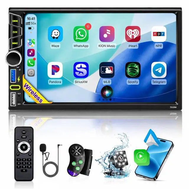 Main image of Double Din Car Stereo Wireless Apple CarPlay Android Auto, Backup Camera | 7" Touchscreen Car Radio Receiver,Bluetooth 5.2,FM AM RDS,Physical Knob,SWC,Equalizer,Subwoofer Port,Mirror Link,USB/Type-C