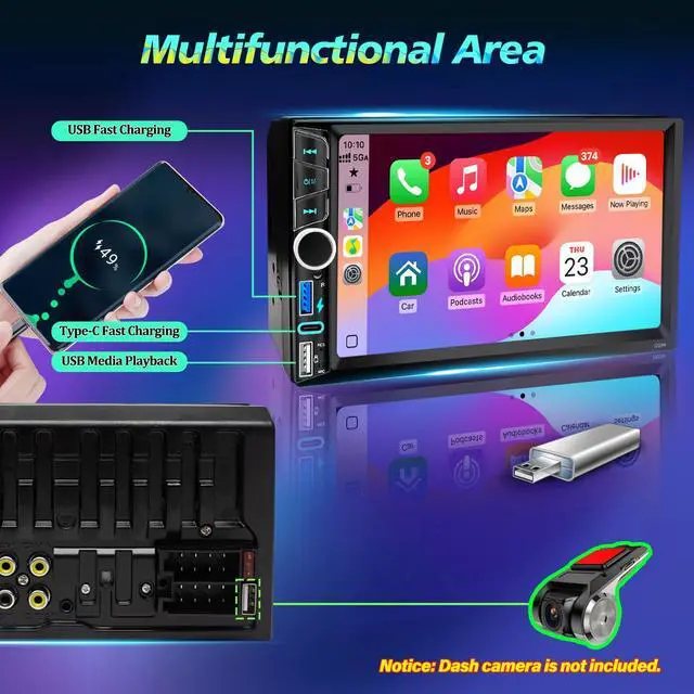 Alt view image 6 of 7 - Double Din Car Stereo Wireless Apple CarPlay Android Auto, Backup Camera | 7" Touchscreen Car Radio Receiver,Bluetooth 5.2,FM AM RDS,Physical Knob,SWC,Equalizer,Subwoofer Port,Mirror Link,USB/Type-C