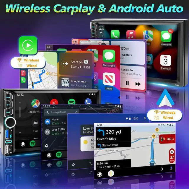 Alt view image 2 of 7 - Double Din Car Stereo Wireless Apple CarPlay Android Auto, Backup Camera | 7" Touchscreen Car Radio Receiver,Bluetooth 5.2,FM AM RDS,Physical Knob,SWC,Equalizer,Subwoofer Port,Mirror Link,USB/Type-C