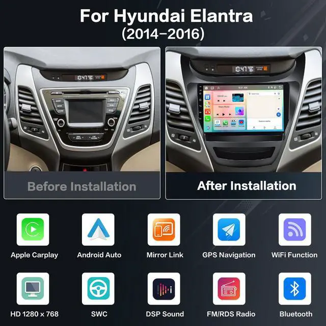 Alt view image 3 of 7 - 8 Core 4+64G Radio for Hyundai Elantra 2014-2016 Stereo Upgrade | Android 15, 59UI, 9" Touchscreen, Wireless CarPlay/Android Auto, GPS, Bluetooth, EQ, Free AHD Backup Camera
