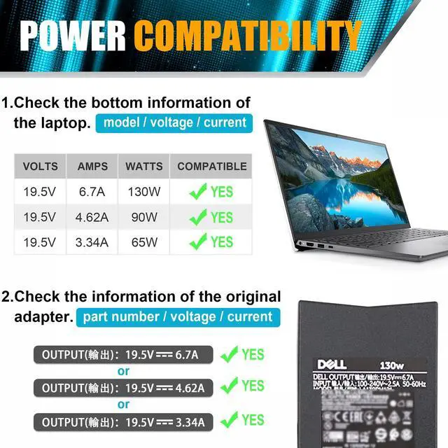 Alt view image 2 of 7 - Replacement for Dell 130W 7.4mm Tip AC Adapter Charger PA-4E LA130PM121 DA130PE1-00 JU012 CM161 Inspiron 15 7000 7559 G3 G5 Charger d6000 Docking Station Laptop Power Cord
