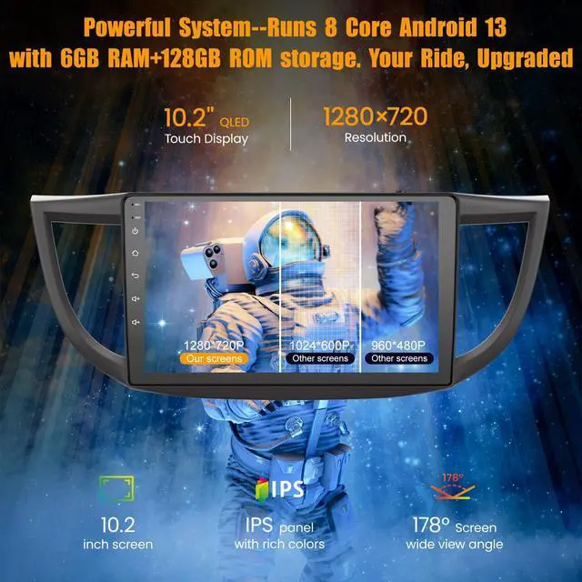 Alt view image 3 of 7 - 8 Core 6GB+128GB Car Radio for Honda CRV 2012-2016,10.2 Inch QLED Touch Screen Car Stereo with Carplay&Android Auto,WiFi,GPS Navigation,Bluetooth5.0,FM&AM Radio