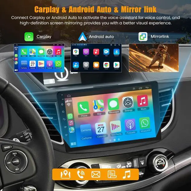 Alt view image 4 of 7 - 8 Core 6GB+128GB Car Radio for Honda CRV 2012-2016,10.2 Inch QLED Touch Screen Car Stereo with Carplay&Android Auto,WiFi,GPS Navigation,Bluetooth5.0,FM&AM Radio