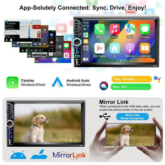 Alt view image 2 of 6 - 7" Double Din Car Stereo,Wireless Apple CarPlay Android Auto GPS Navigation | FM AM Car Radio with Backup Camera,Audio Receiver,Subwoofer Ports,Bluetooth 5.2,Type-C/USB Fast Charging,180W Outputs,Knob