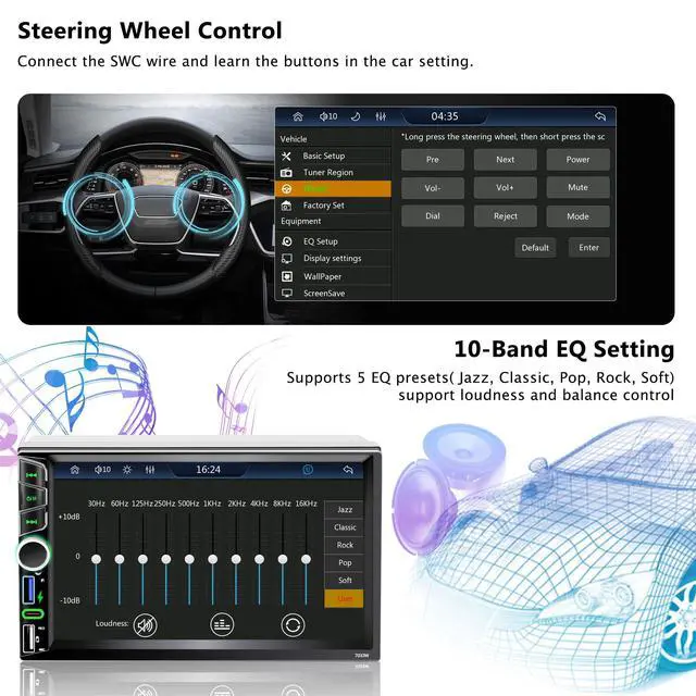 Alt view image 3 of 6 - 7" Double Din Car Stereo,Wireless Apple CarPlay Android Auto GPS Navigation | FM AM Car Radio with Backup Camera,Audio Receiver,Subwoofer Ports,Bluetooth 5.2,Type-C/USB Fast Charging,180W Outputs,Knob