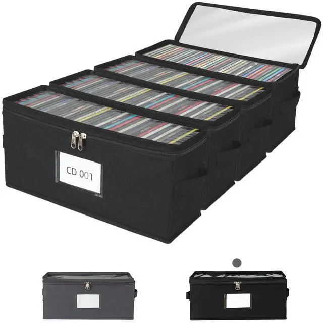 Main image of 4 Pack Fabric CD Storage Box with Clear PVC Lid, Holds 35 Standard CD Cases, Zipper Closure for Dust Protection, Portable CD Organizer for Music Collection, Black